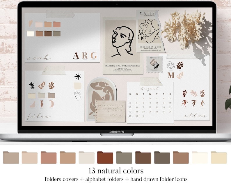 May include: A digital desktop screen with a collage of images and text. The screen shows a calendar, folders, and a variety of abstract art. The text on the screen includes the words "work", "files", "other", "ARG", and "MATISSE". The screen is on a laptop computer with the Apple logo visible. The laptop is on a white surface. Below the laptop are 13 folder icons in various shades of brown, beige, and white. The text "13 natural colors" is below the icons. The text "folders covers + alphabet folders + hand drawn folder icons" is below the text "13 natural colors".