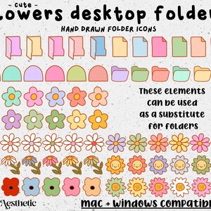 May include: A set of hand-drawn flower icons in various colors and styles, designed to be used as desktop folder icons. The text "flowers desktop folders" and "HAND DRAWN FOLDER ICONS" is at the top of the image. The text "These elements can be used as a substitute for folders" is in the middle of the image. The text "WeDoAesthetic" and "mac + windows compatible" is at the bottom of the image.