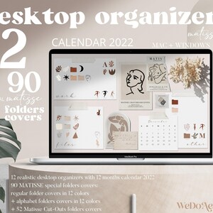 May include: A laptop computer screen displaying a desktop organizer with a 12-month calendar for 2022. The screen also shows 90 Matisse folder covers, including regular folder covers in 12 colors, alphabet folder covers in 12 colors, and 52 Matisse Cut-Outs folder covers. The text "matisse 01" and "MAC + WINDOWS" is visible at the top of the screen.