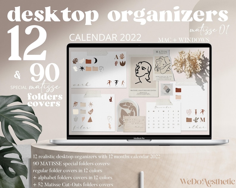 May include: A laptop computer screen displaying a desktop organizer with a 12-month calendar for 2022. The screen also shows 90 Matisse folder covers, including regular folder covers in 12 colors, alphabet folder covers in 12 colors, and 52 Matisse Cut-Outs folder covers. The text "matisse 01" and "MAC + WINDOWS" is visible at the top of the screen.