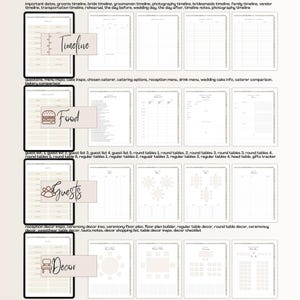 May include: Printable wedding planner checklist with sections for timeline, food, guests, and decor. Each section has a list of items to check off.