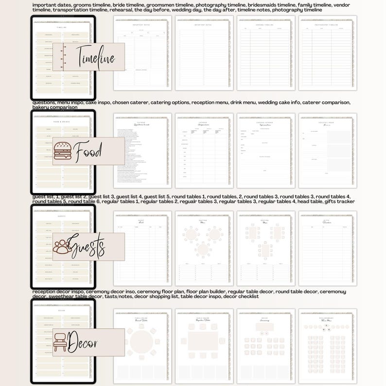 May include: Printable wedding planner checklist with sections for timeline, food, guests, and decor. Each section has a list of items to check off.