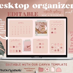 CALENDARIO EDITABLE Fondo de pantalla de escritorio - Organizador de fondos de pantalla de escritorio rosa, iconos de carpetas dibujados a mano, Organizador rosa estético Apple + Windows