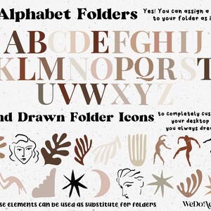 May include: Alphabet folder icons in various colors and styles. The icons include letters, abstract shapes, and hand-drawn illustrations. The text "Alphabet Folders" and "Hand Drawn Folder Icons" is displayed at the top of the image. The text "Yes! You can assign a letter to your folder as icon!" is displayed in the upper right corner of the image. The text "to completely customize your desktop as you always dreamed" is displayed in the lower right corner of the image. The text "These elements can be used as substitute for folders" is displayed in the lower left corner of the image. The text "WeDoAesthetic" is displayed in the lower right corner of the image.