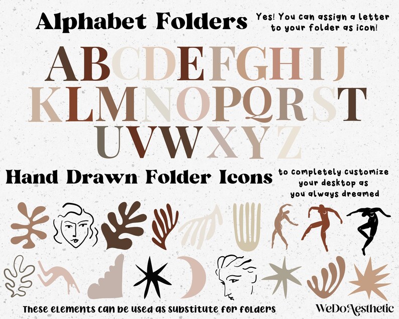 May include: Alphabet folder icons in various colors and styles. The icons include letters, abstract shapes, and hand-drawn illustrations. The text "Alphabet Folders" and "Hand Drawn Folder Icons" is displayed at the top of the image. The text "Yes! You can assign a letter to your folder as icon!" is displayed in the upper right corner of the image. The text "to completely customize your desktop as you always dreamed" is displayed in the lower right corner of the image. The text "These elements can be used as substitute for folders" is displayed in the lower left corner of the image. The text "WeDoAesthetic" is displayed in the lower right corner of the image.