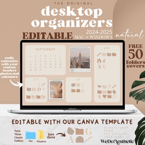 Puede incluir: Organizadores de escritorio editables para Mac y Windows en un esquema de color natural. La imagen muestra una pantalla de computadora portátil con un calendario, carpetas y otros elementos de organización. El texto "FREE 50 folders covers" también es visible.