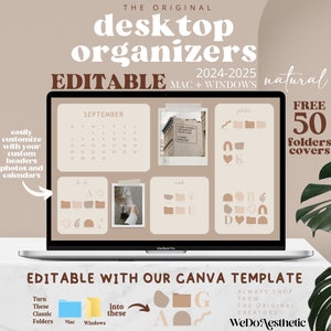 Neutral Desktop Organizer Wallpapers with Calendar EDITABLE, Digital Desktop Organizer, Desktop Background Wallpaper with folder icons