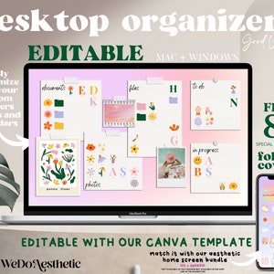 Fondo de pantalla del organizador de escritorio EDITABLE + iconos de carpetas, fondo de pantalla rosa pastel, fondo de pantalla de calendario maravilloso, trabajo pendiente de la escuela, Mac + Windows