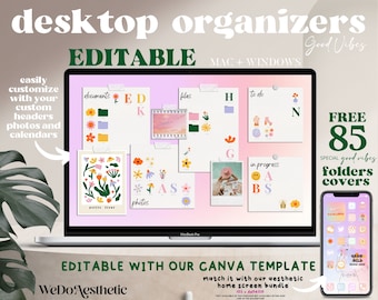 EDITABLE Desktop Organizer Wallpaper + Folder Icons, Pastel Pink Wallpaper, Groovy Calendar Wallpaper, School To-Do Work, Mac + Windows