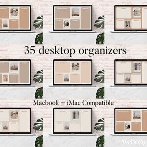 May include: 35 desktop organizers for Macbook and iMac. The organizers feature a beige background with a cityscape image and text labels for different categories, such as "Work", "Photos", "Creativity", and "Other".