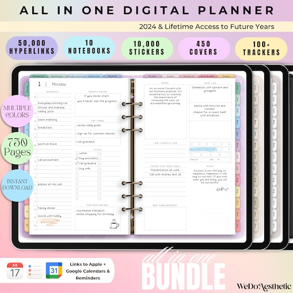 All-in-One Dated Digital Planner 2024, 2025, Budget, Fitness, Notebook, Daily Planner, Goodnotes Planner, iPad Planner, Notability Planner