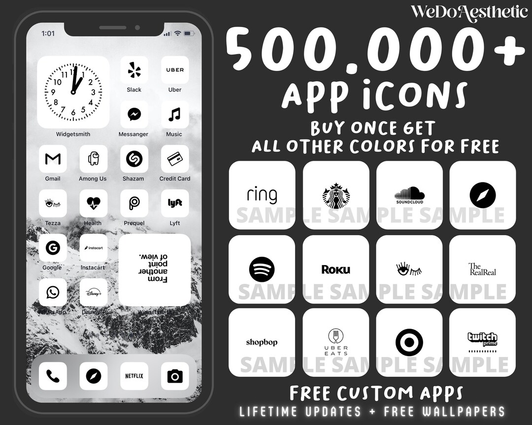 500.000 IOS14 App Icons, White App Covers, Black IOS 14 Aesthetic