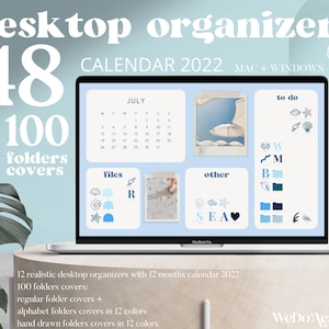 以下が含まれることがあります： 7 月 2022 年のカレンダー、やることリスト、ファイル、その他のフォルダを含む、青と白のデスクトップオーガナイザーが表示されたラップトップの画面。画面の上部に「desktop organizers」というテキストが大きな青い文字で表示されています。画面の左側に「48 & 100 folders covers」というテキストが大きな白い文字で表示されています。「desktop organizers」というテキストの下に「CALENDAR 2022 MAC + WINDOWS」というテキストが白い文字で表示されています。画面の右上に「blue」というテキストが白い文字で表示されています。画面の右下に「WeDoAesthetic」というテキストが白い文字で表示されています。