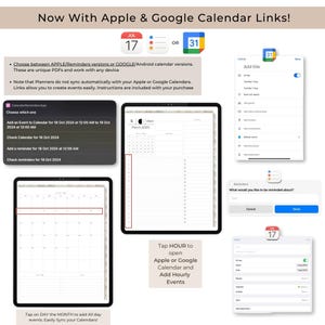 May include: A digital planner with a calendar and a note section. The planner has a light brown background with a white grid. The calendar is for March 2025 and the note section is for hourly events. The planner is designed to be used with Apple or Google Calendar. The image also shows a screenshot of a phone with a calendar app open. The app has a blue background and white text. The text says "Add an Event to Calendar for 18 Oct 2024 at 12:00 AM to 18 Oct 2024 at 12:00 AM".