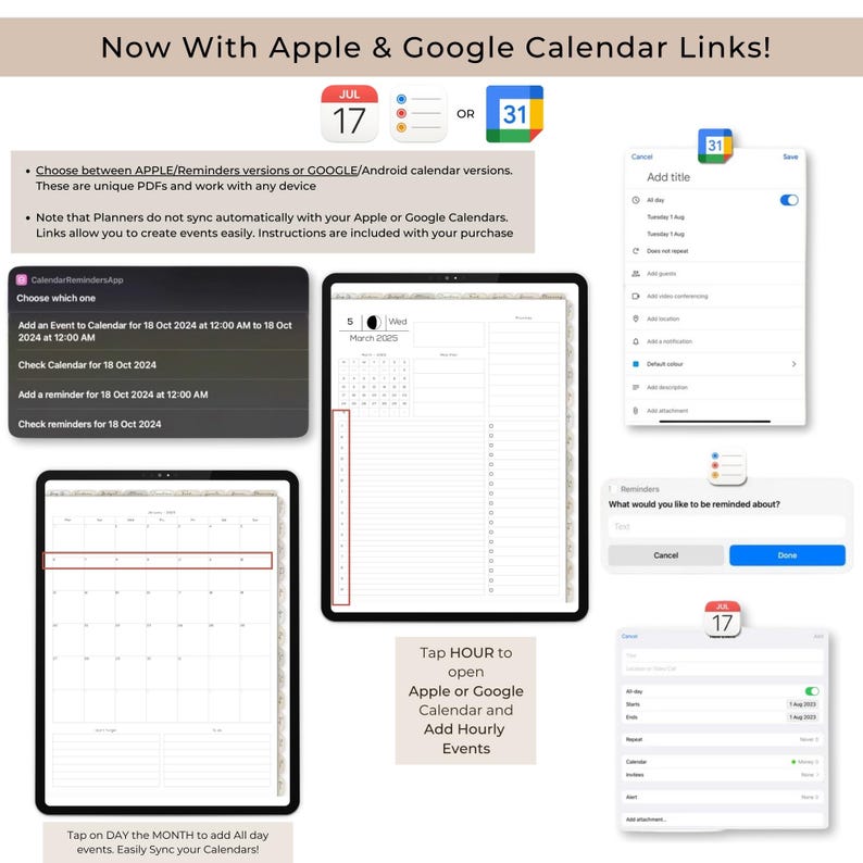 May include: A digital planner with a calendar and a note section. The planner has a light brown background with a white grid. The calendar is for March 2025 and the note section is for hourly events. The planner is designed to be used with Apple or Google Calendar. The image also shows a screenshot of a phone with a calendar app open. The app has a blue background and white text. The text says "Add an Event to Calendar for 18 Oct 2024 at 12:00 AM to 18 Oct 2024 at 12:00 AM".