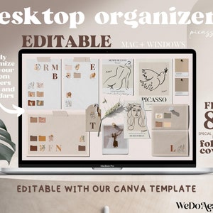 EDITABLE Desktop Organizer Wallpaper + Folder Icons, Picasso Wallpaper Art, Calendar Wallpaper Neutral, School Business Work, Mac + Windows
