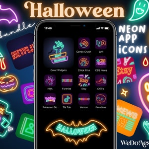 Halloween Neon Edition - IOS14 App Icons, Halloween Aesthetic, Icons Bundle, IOS14 App Covers, Neon Icons for iPhone + Android, IOS15 Icons