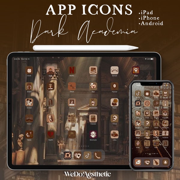 Dark Academia MAIN PACK - Hand Drawn IOS17 iPad App Icon Bundle, iPad Planner Brown Beige Neutral Homescreen Aesthetic Icon iPhone + Android