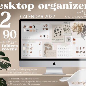 May include: A computer screen displaying a desktop organizer with a calendar for 2022 and 90 special folders covers in a matisse style. The folders are in various colors and feature abstract designs. The text "matisse 01" and "MAC + WINDOWS" is visible at the top of the screen.