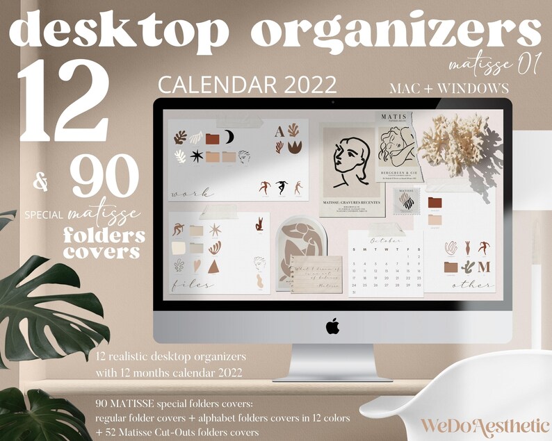 May include: A computer screen displaying a desktop organizer with a calendar for 2022 and 90 special folders covers in a matisse style. The folders are in various colors and feature abstract designs. The text "matisse 01" and "MAC + WINDOWS" is visible at the top of the screen.