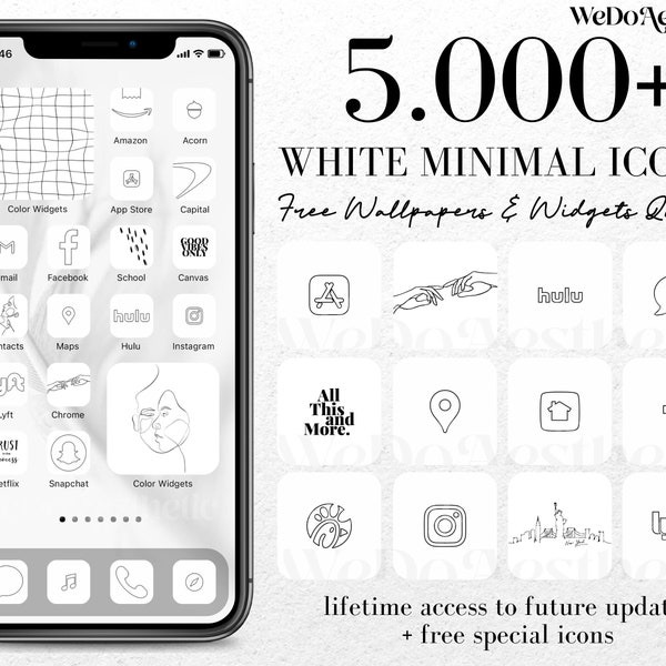 5000+ White Minimal App Icon Pack, White App Icons Aesthetic, IOS 15 App Icon, Widgets, IOS 14 Homescreen, White Minimalistic App Covers