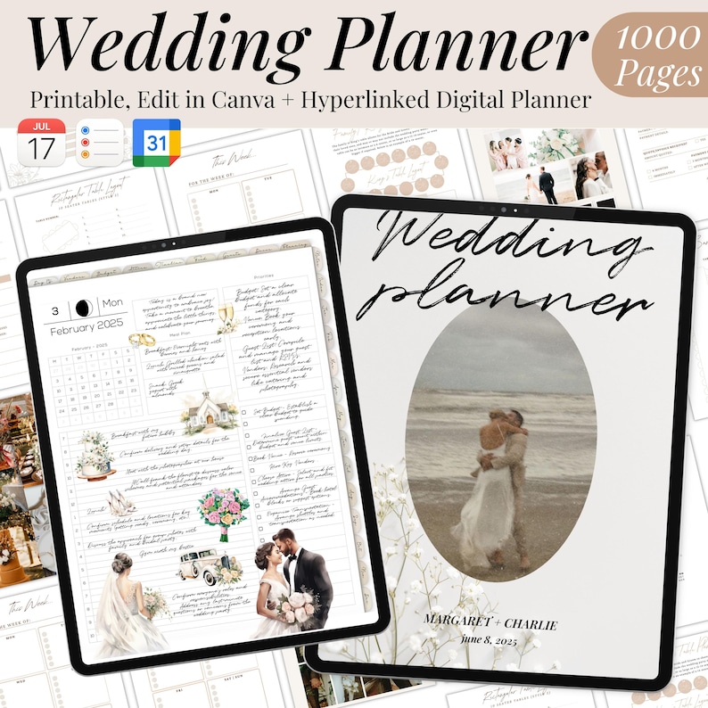 May include: A digital wedding planner on a tablet screen with a white background and a floral design. The planner includes a calendar, checklists, and a section for photos. The text "Wedding Planner" is at the top of the screen. The text "MARGARET + CHARLIE June 8, 2025" is at the bottom of the screen.