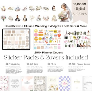 May include: A digital sticker pack with 10,000 stickers for planners. The stickers are hand-drawn and include themes like productivity, self-care, wedding, and fill-ins. The pack also includes 200+ planner covers.