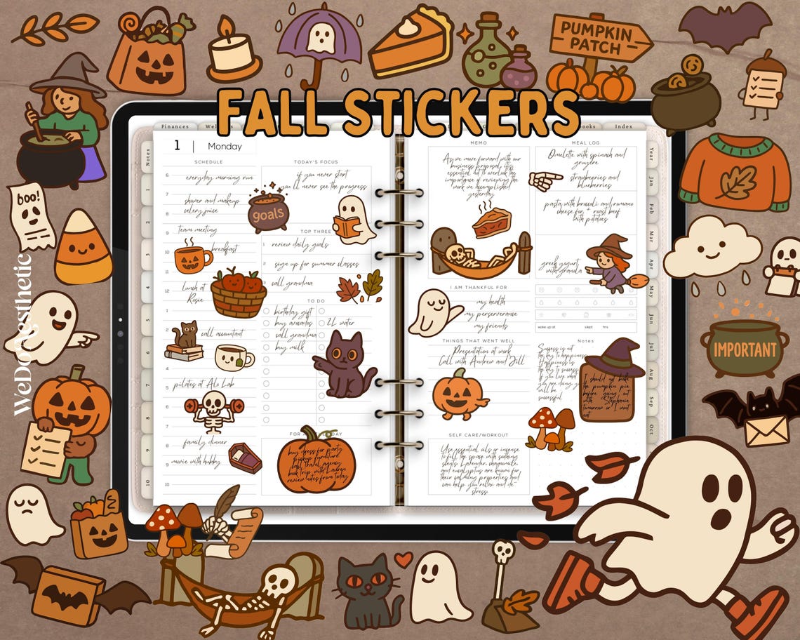 Hand Drawn Fall Digital Sticker Bundle | Autumn & Halloween Stickers ...