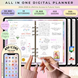 Puede incluir: Una aplicación de agenda digital en la pantalla de una tableta con un lápiz rosa. La aplicación tiene un diseño colorido con múltiples páginas, pegatinas y rastreadores. La aplicación está diseñada para planificar y organizar. El texto en la pantalla dice "ALL IN ONE DIGITAL PLANNER" y "2024-2026 & Lifetime Access to Future Years".