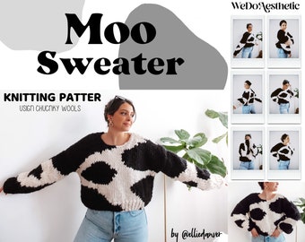 Patter de tricot de pull Moo, modèle de tricot, modèle de tricot de pull de vache, modèle de tricot de laine épaisse, modèle de tricot facile