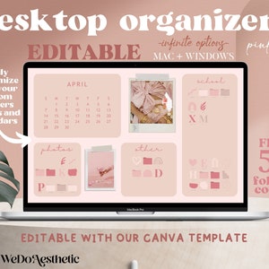 Puede incluir: Una pantalla de computadora portátil que muestra una plantilla de organizador de escritorio rosa y blanco con un calendario, fotos y carpetas. La plantilla está etiquetada como "organizadores de escritorio" y "rosa 01". El texto "EDITABLE" se muestra en letras grandes. El texto "GRATIS 50 cubiertas de carpetas" se muestra en la esquina inferior derecha.