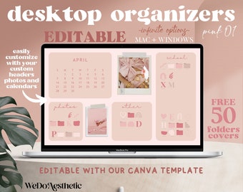 EDITABLE CALENDAR Desktop Wallpaper - Pink Desktop Wallpaper Organizer, MacBook Folder Icons, Mac Pink Wallpaper, Rose Mac Windows Organizer