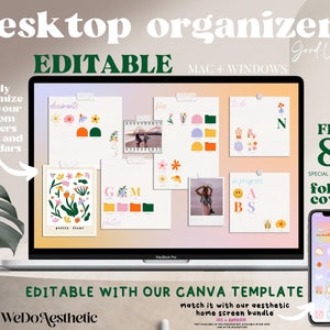EDITABLE Desktop Organizer Wallpaper + Folder Icons, Pastel Rainbow Wallpaper, Floral Calendar Wallpaper, School To-Do Work, Mac + Windows