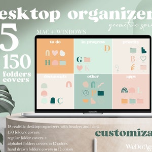 May include: A laptop screen displaying 15 customizable desktop organisers with headers and blank folders. The organisers feature geometric shapes in pastel colours, including pink, green, and blue. The text "geometric spring" is displayed at the top of the screen. The text "15 & 150 folders covers" is displayed on the left side of the screen.