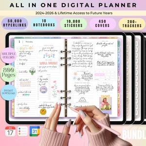 May include: A digital planner bundle with 10 notebooks, 10,000 stickers, 450 covers, and 200 trackers. The planner features 800 pages, 50,000 hyperlinks, and multiple colors. The image shows a close-up of the planner open on a tablet screen with a hand holding a stylus.