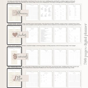 May include: A digital wedding planner with 700 pages, featuring sections for planning, vendors, financials, attire, and notes. The planner is designed with a minimalist aesthetic and includes a variety of checklists, budget trackers, and other helpful tools for planning a wedding.