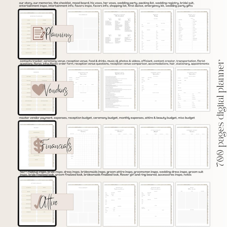 May include: A digital wedding planner with 700 pages, featuring sections for planning, vendors, financials, attire, and notes. The planner is designed with a minimalist aesthetic and includes a variety of checklists, budget trackers, and other helpful tools for planning a wedding.