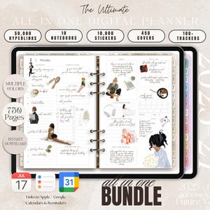 May include: Digital planner bundle with the text "The Ultimate All In One Digital Planner". Features include 50,000 hyperlinks, 10 notebooks, 10,000 stickers, 450 covers, and 100+ trackers. Includes multiple colors, 750 pages, and instant download.