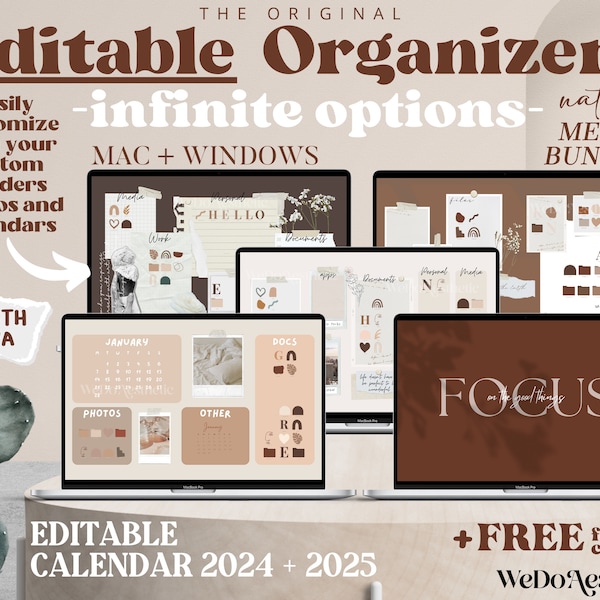 Organizzatori di sfondi per desktop MODIFICABILI 2024-2025 + Icone di cartelle, Mega Bundle naturale Mac + Windows, Sfondi per desktop neutri minimalisti