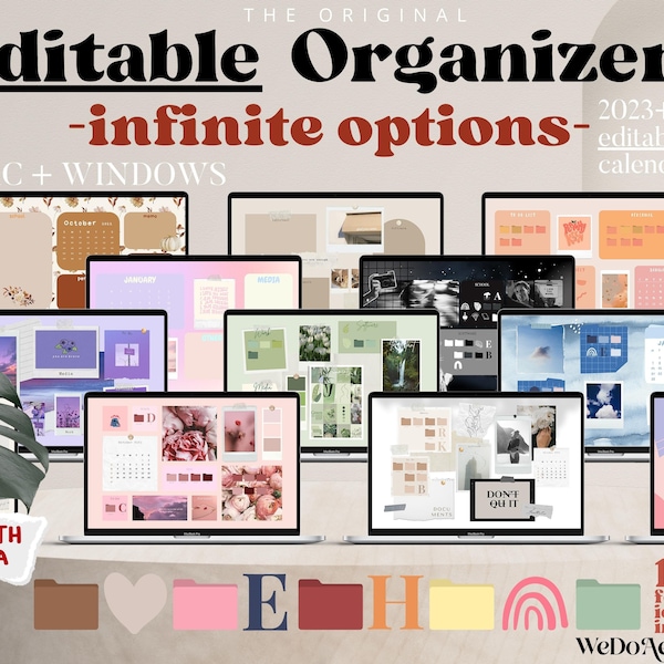 Organizzatori di sfondi desktop MODIFICABILI 2025-2026 + icone delle cartelle, Mega Bundle Mac + Windows, Calendario Scuola Lavoro Aziendale Produttività