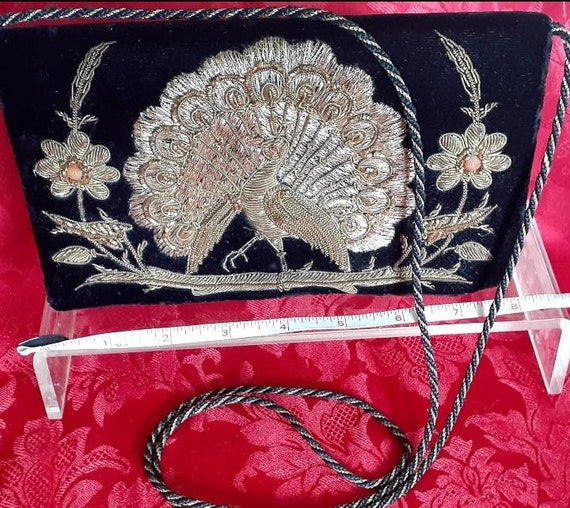 Kane M vintage Peacock black velvet purse Gold Thr