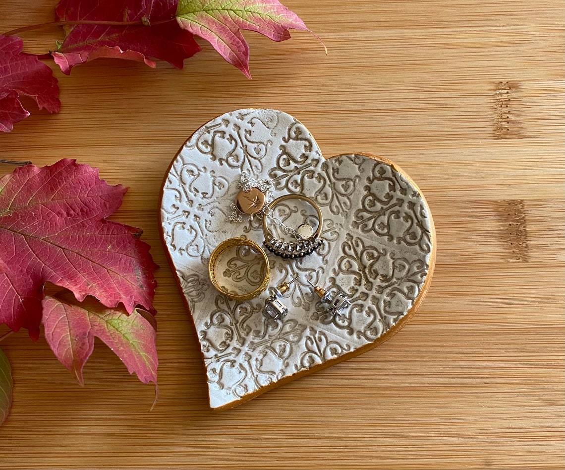 Heart Shaped Clay Imprinted Stamped Ring Dish Jewellery Tray Etsy