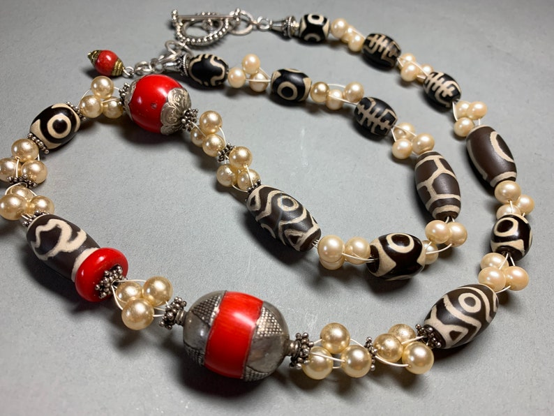 Antique Tibetan Necklace, Coral Bead Necklace, Dzi Bead Necklace, Faux Pearl Necklace, Statement Necklace for Women, Chunky Necklace image 2