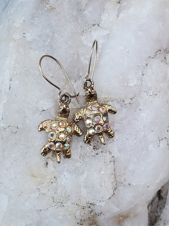 Turtle & Aurora Borealis crystal earrings. Dainty 