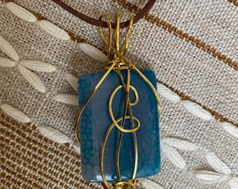 Blue Agate Pendant Necklace: Handmade Brass Wire Wrapped Gemstone Jewelry