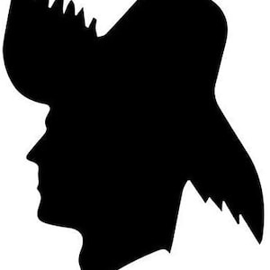 May include: Black silhouette of a person wearing a large, wide-brimmed hat. The person's face is turned to the side, and the hat is tilted at a jaunty angle.