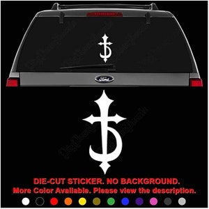 May include: White vinyl die-cut sticker of a stylized cross with a crescent moon shape. The sticker is shown on the back window of a car.  DIE-CUT STICKER. NO BACKGROUND. More Color Available. Please view the description.