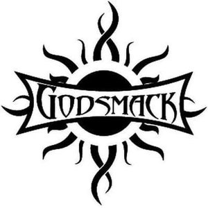 May include: Black and white logo for the rock band Godsmack. The logo features a stylized sun with a black circle in the center and the band's name written in a bold, gothic font.