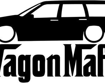 May include: Black and white silhouette of a station wagon with the text "Wagon Mafia" underneath.