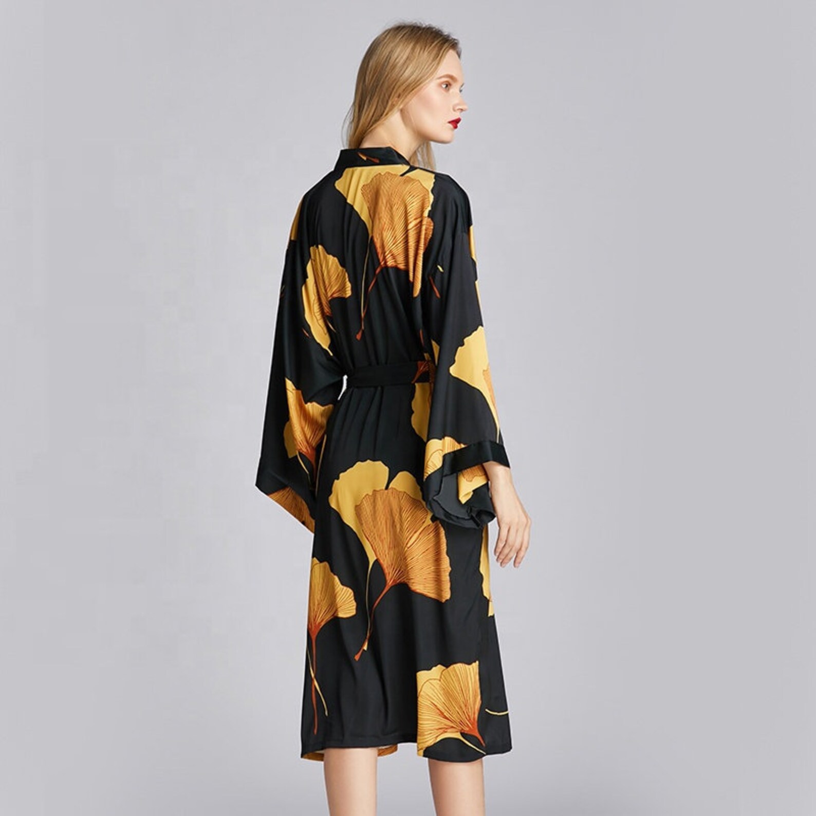 Women's Kimono Robe Gold Ginkgo Leaf Printed Satin Robe | Etsy